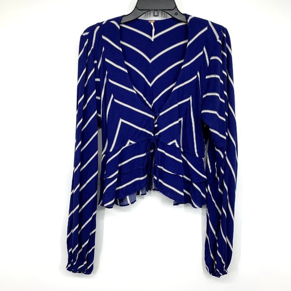 Free People Top Samifran Blue Stripe V Neck Button Long Sleeve - Picture 4 of 12